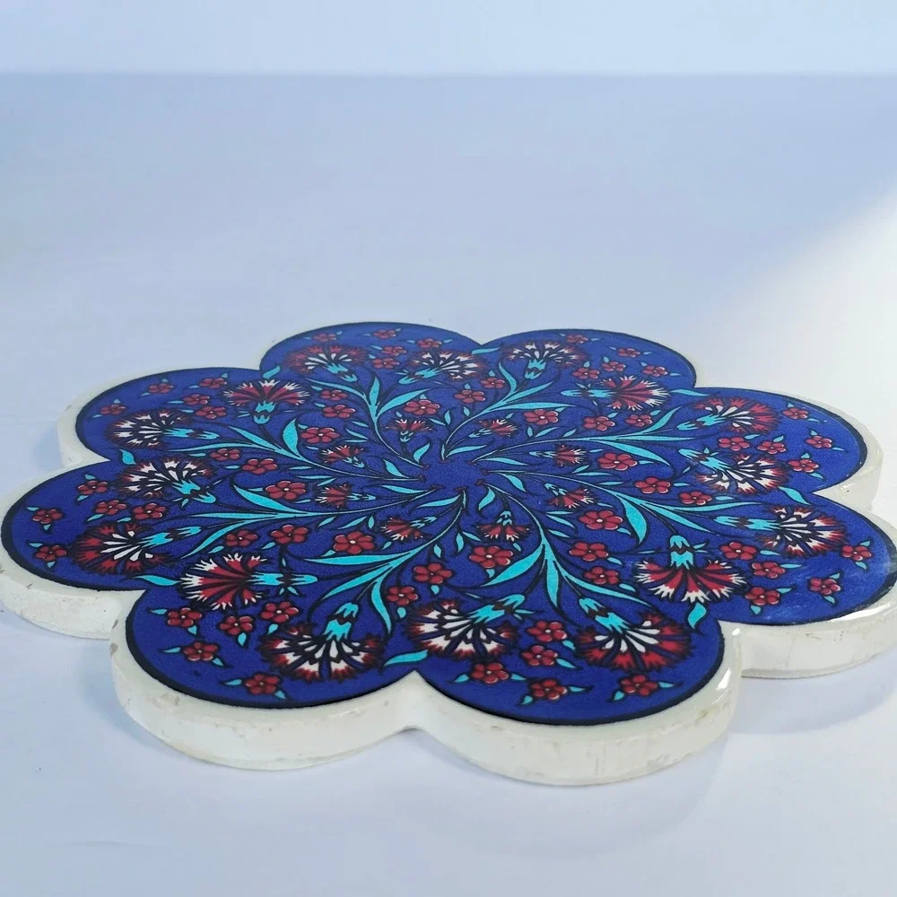 Vintage Turkish Ceramic Trivet Iznik Floral Scalloped Hot Plate Made in Turkey